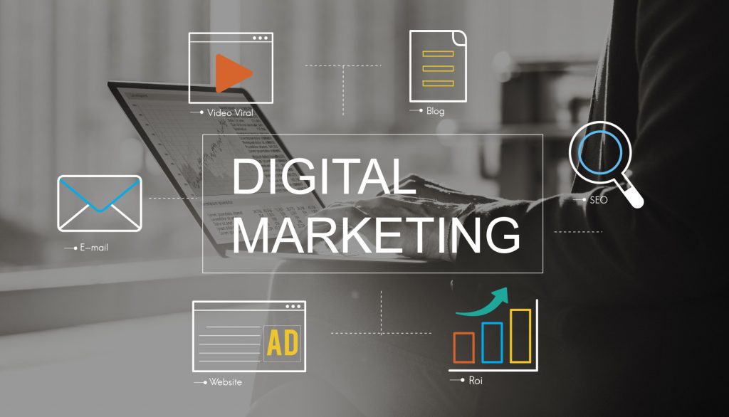 digital marketing text and icons